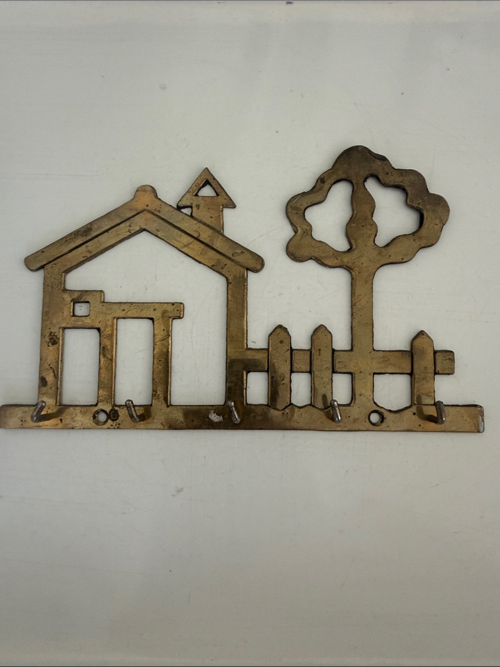 Vintage Whimsical Solid Brass House & Tree Wall Key Holder